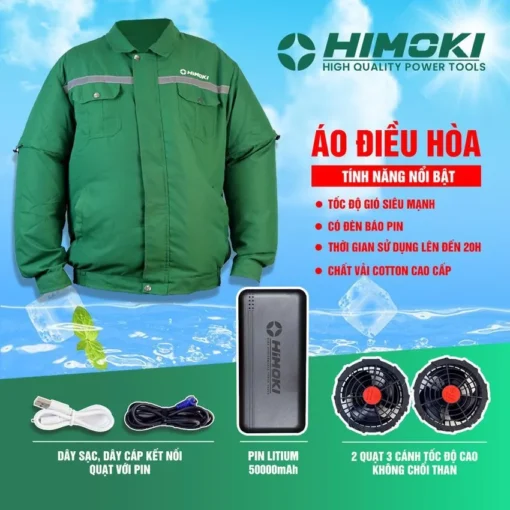 Áo Điều Hòa Himoki - Quạt 4 Cấp Độ Gió, Cao Cấp 50.000 mAh Dùng 8-10 Tiếng - BH 12 Tháng