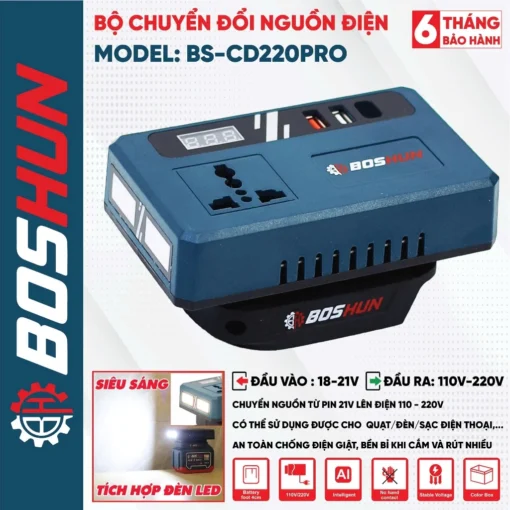 Đế chuyển đổi nguồn điện BOSHUN BS-CD220PRO chuyển từ pin 21v lên 110 - 220v, Chân pin phổ thông 4cm