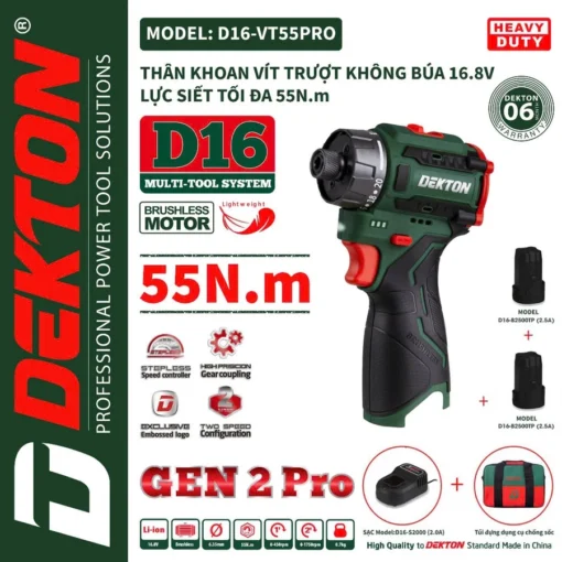 Máy chuyên vít trượt không búa DEKTON D16-VT55PRO, Không chổi than 55Nm