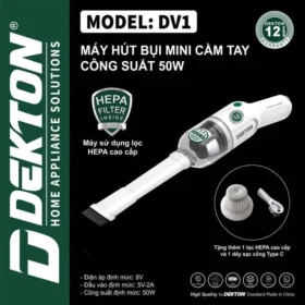 Máy hút bụi mini pin DEKTON DV1, Công suất 50w, Nhỏ gọn, hiện đại, Tặng Kèm 1 Lọc Bụi HEPA