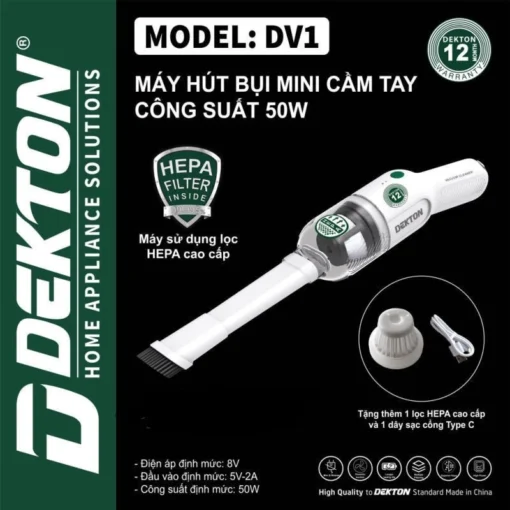 Máy hút bụi mini pin DEKTON DV1, Công suất 50w, Nhỏ gọn, hiện đại, Tặng Kèm 1 Lọc Bụi HEPA
