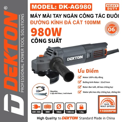 Máy mài cầm tay DEKTON DK-AG980, Công suất 980W, Công tắc đuôi, Tặng 1 cặp chổi than