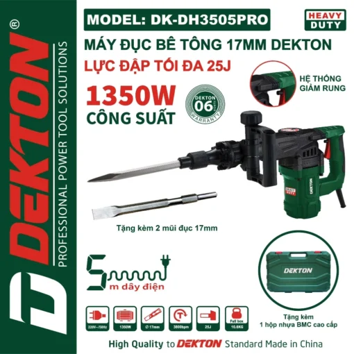 Máy Đục Bê Tông DEKTON DK-DH3505PRO, 1350w Lực Đập 25J, Có Giảm Rung Dây Điện Dài 5m