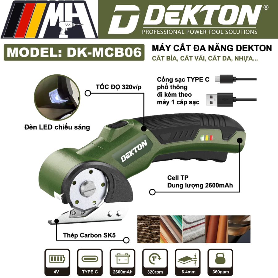 Máy Cắt Đa Năng Dekton DK-MCB06 | Cắt Bìa, Vải, Da, Nhựa | Đèn LED, Sạc Type-C, Chính Hãng, Giá Tốt