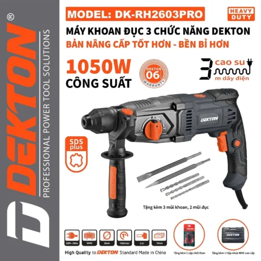 Máy khoan đục bê tông DEKTON DK-RH2603PRO, 3 Chức năng, Công suất 1050W, Tặng Bộ 5 Mũi khoan