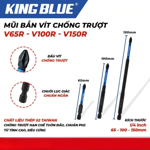 Combo 2 mũi bắn vít chống trượt KingBlue V65R/ V100R/ V150R thép S2 Chống trượt hạn chế tối đa tuôn đầu, từ tính cao