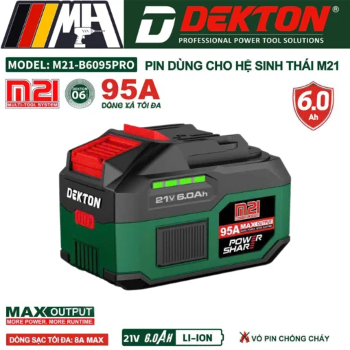 Pin Dekton M21-B6095PRO 21V 6.0Ah | Pin Lithium | Dùng Cho Máy M21 | Vỏ Chống Cháy – Sạc Nhanh