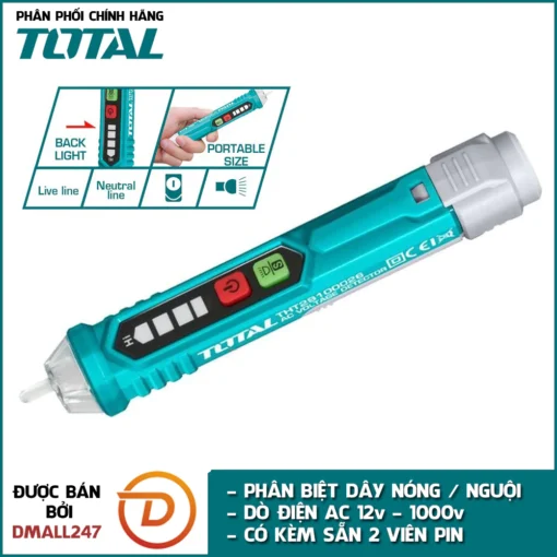 Bút dò điện áp cảm ứng AC 1000V TOTAL THT29100026 - có kèm pin, phân biệt dây nguội nóng, độ chính xác cao, đèn led báo