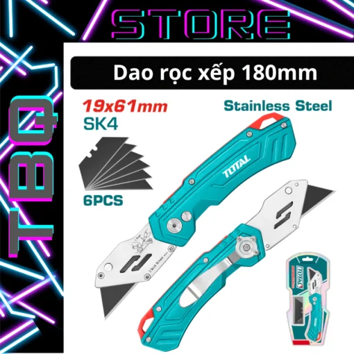 Dao Rọc Xếp Đa Năng TOTAL THT5136288 (180mm) Dao Gấp Thép Không Gỉ & Nhôm, Kèm 6 Lưỡi SK5, Siêu Nhẹ