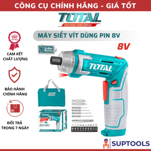 Máy siết vít dùng pin 8V sạc type C TOTAL TSDLI0802 Đèn LED làm việc tích hợp vặn vít (Chính Hãng)