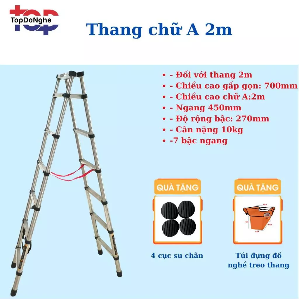 Thang nhôm inox chữ A di chuyển được 1m7 và 2m rút gọn và gọn nhẹ
