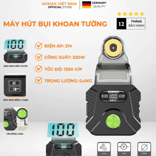 Máy hút bụi khoan tường KOMAX, hộp thu bụi máy khoan có laser cân bằng nhỏ gọn bảo hành 12 tháng