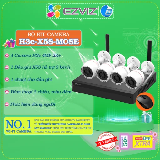 Bộ kit 4 camera ngoài trời H3C 4MP 2K+ Ezviz BW3844, chính hãng, màu đêm, báo động, đàm thoại